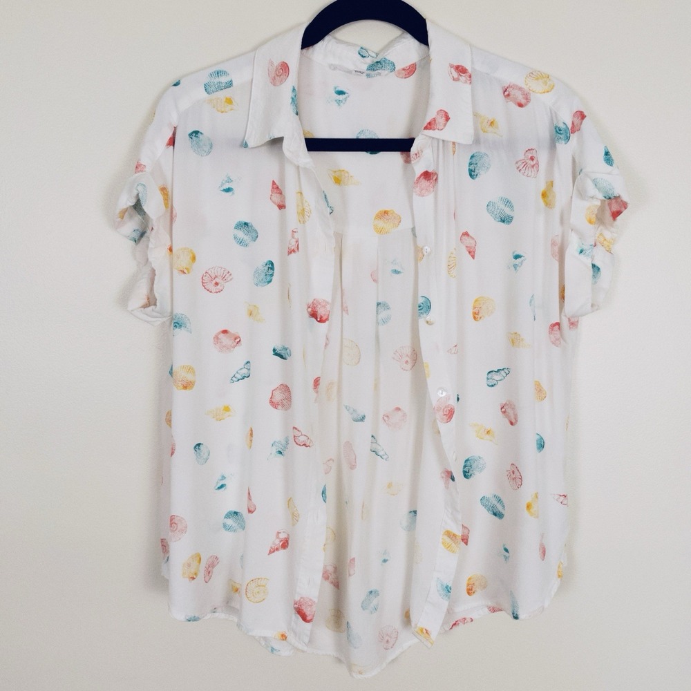 JANE + DELANCEY White SeaShell Print Blouse Women M Coastal Beach Summer Staple